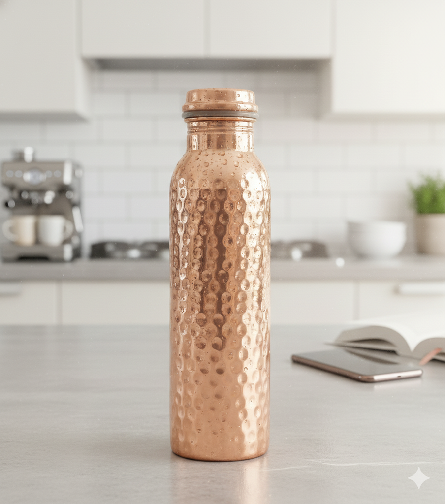 Hammered Copper water bottle on a kitchen counter